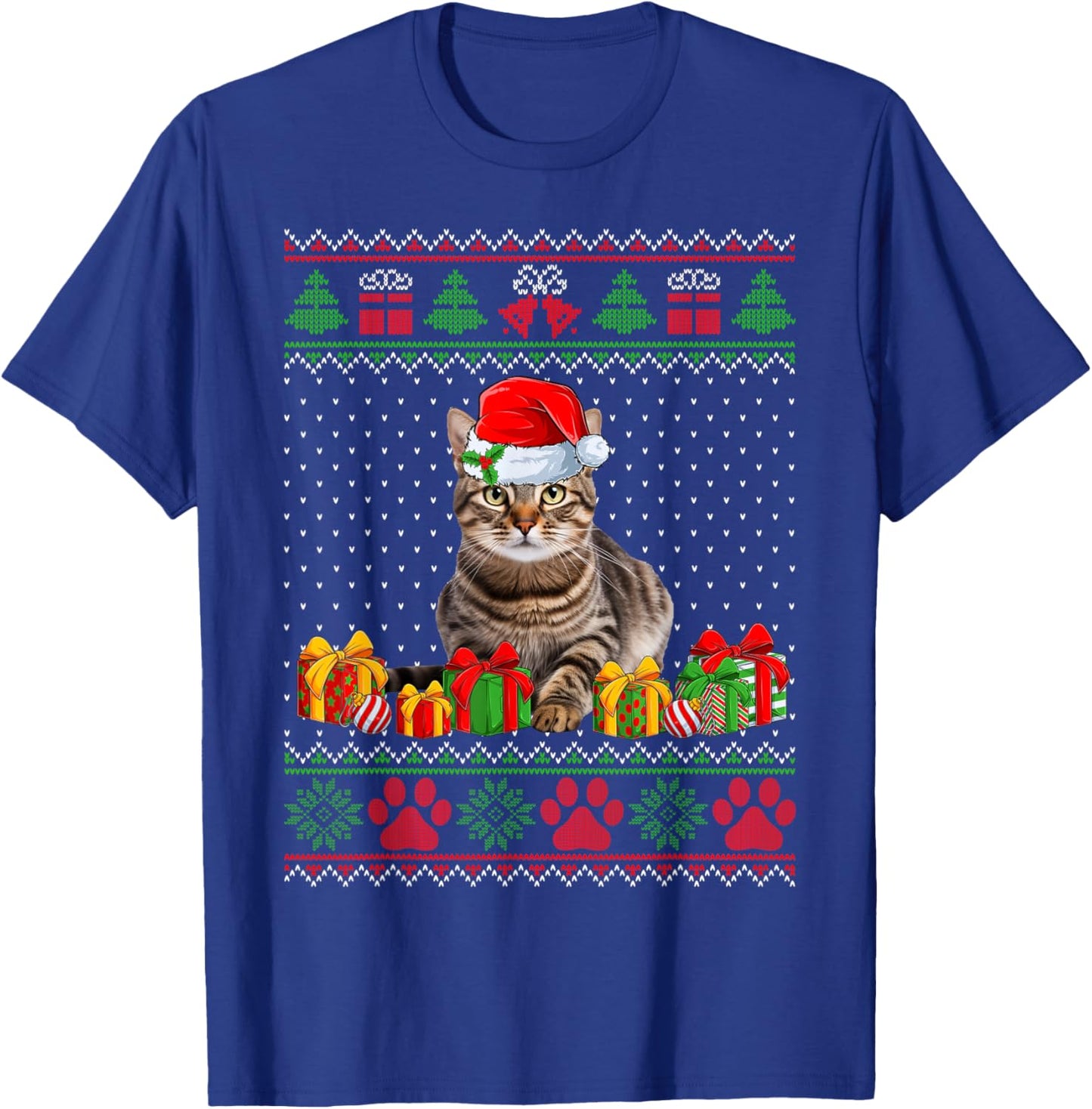 Funny Tabby Cat Santa Hat Ugly Christmas Sweater Xmas PJS Women Kids T-Shirt - T-Shirt | Royal