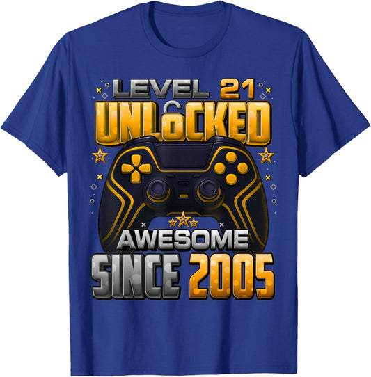 Level 21 Unlocked Awesome Since 2005 21st Birthday Gaming T-Shirt - T-Shirt | Royal