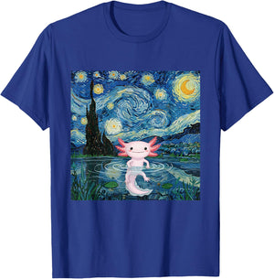 Adorable Axolotl Kawaii Van Gogh Style Starry Night Graphic T-Shirt - T-Shirt | Royal