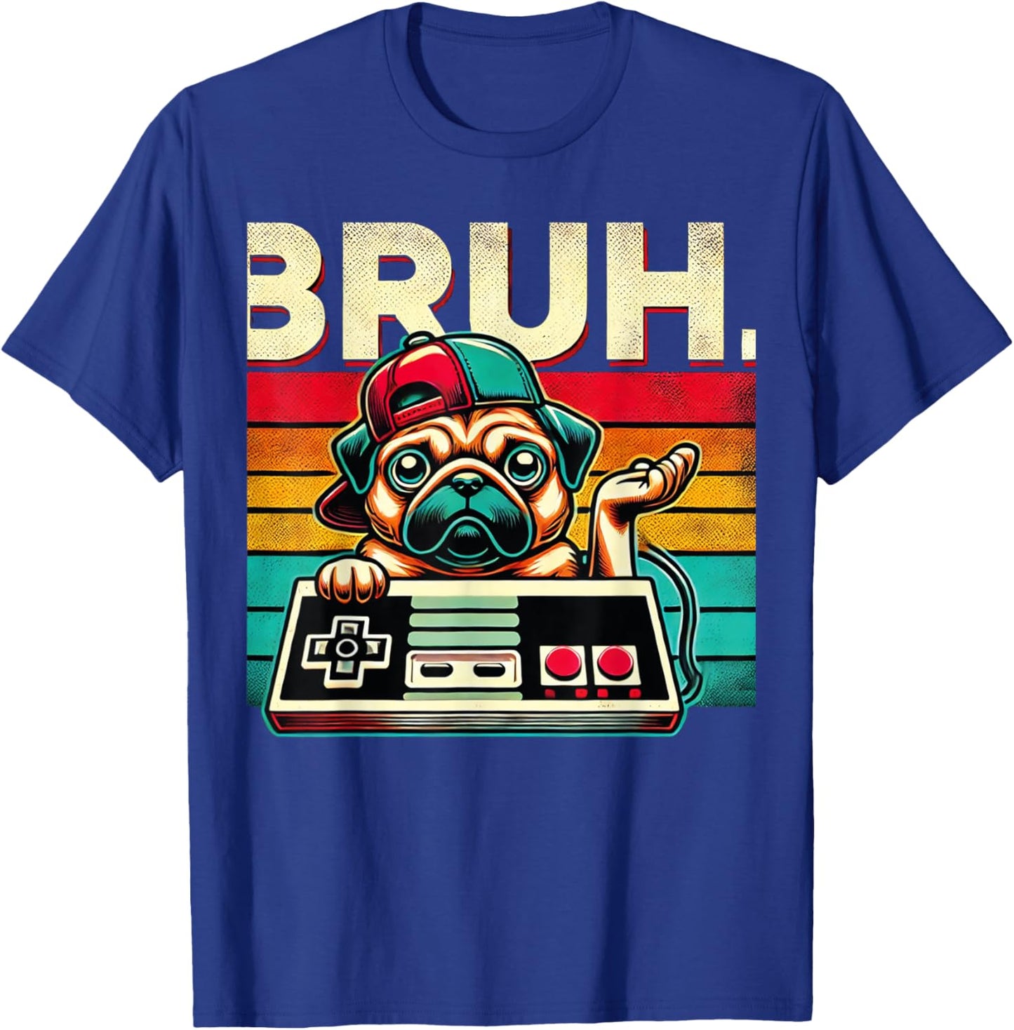 Bruh Retro Vintage 80s Gaming Pug BRUH Funny Gamer Bruh Dog Men Women Kids T-Shirt - T-Shirt | Royal