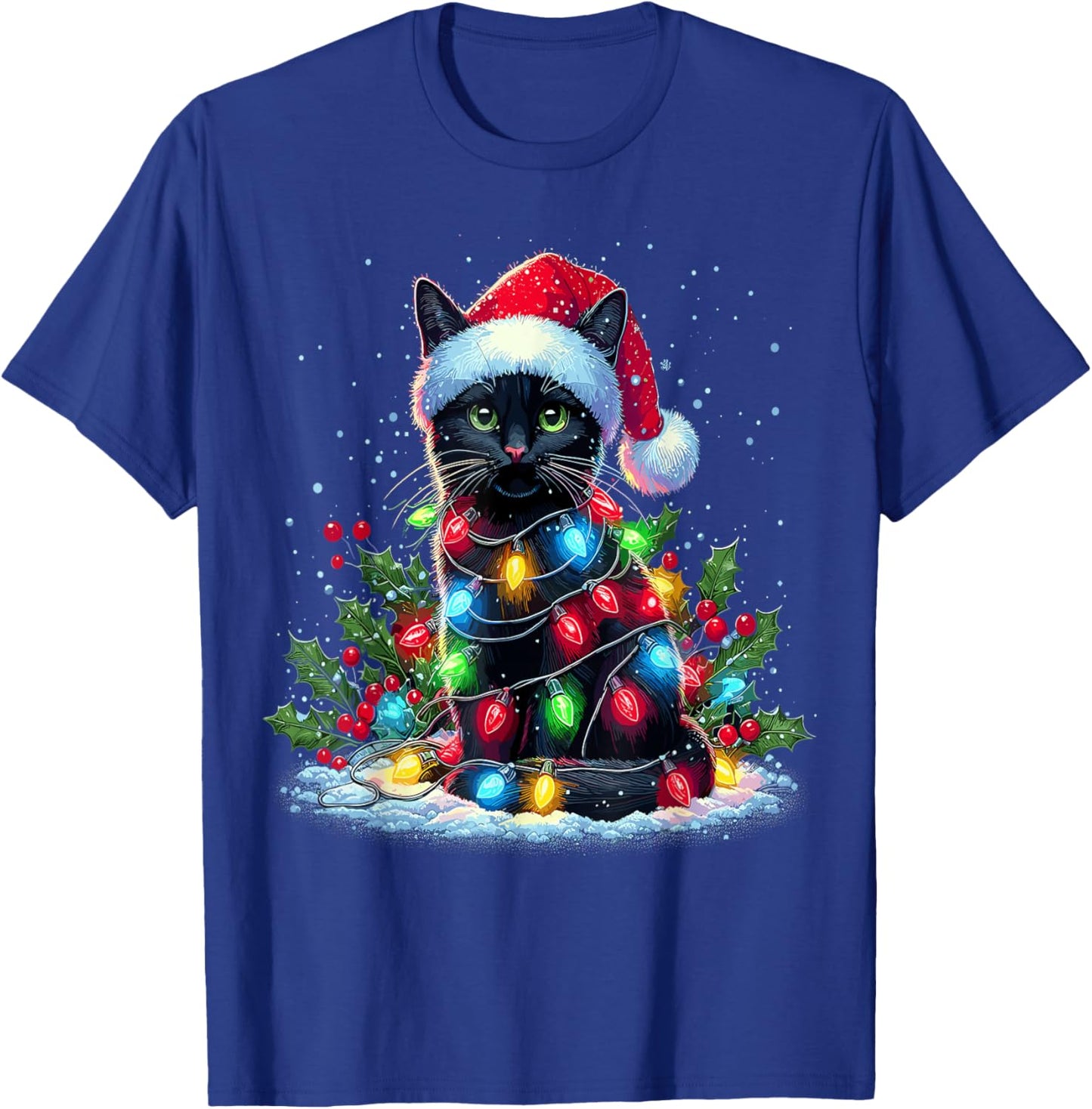 Black Cat Christmas Santa Hat Funny Meowy Cats T-Shirt - T-Shirt | Royal