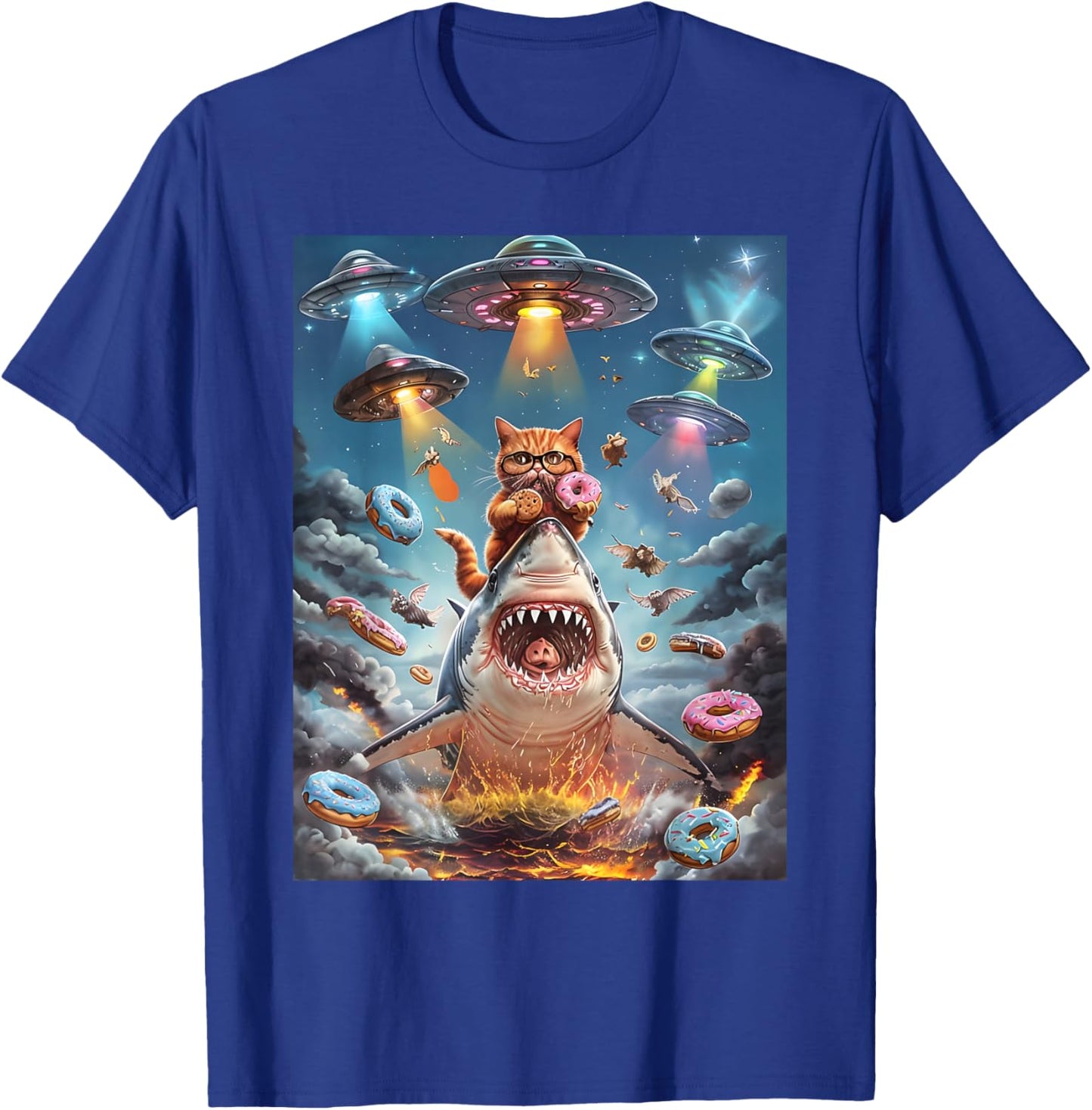 Funny Cat Riding Fire Breathing Shark Rainbow Birthday Kids T-Shirt - T-Shirt | Royal