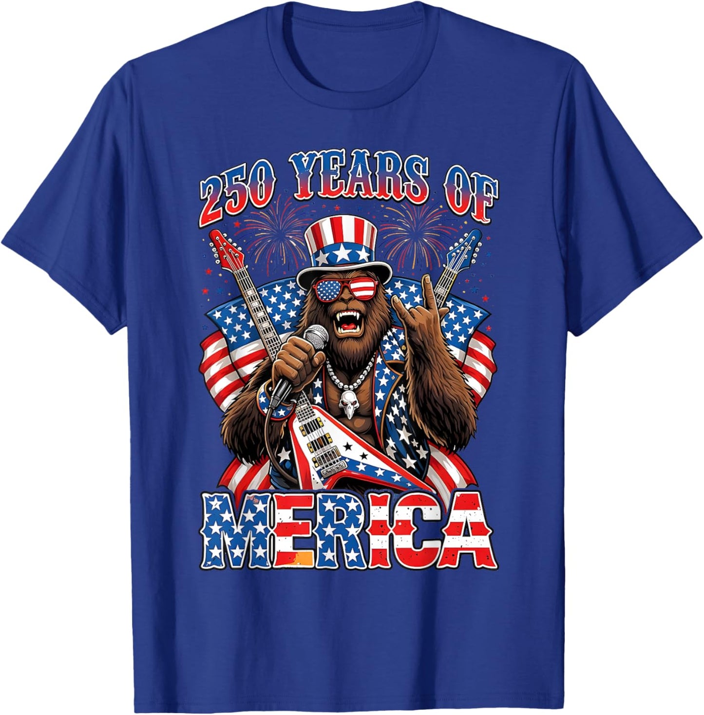 USA 250 Year Bigfoot 'Merica Rock Patriotic 4th of July T-Shirt - T-Shirt | Royal