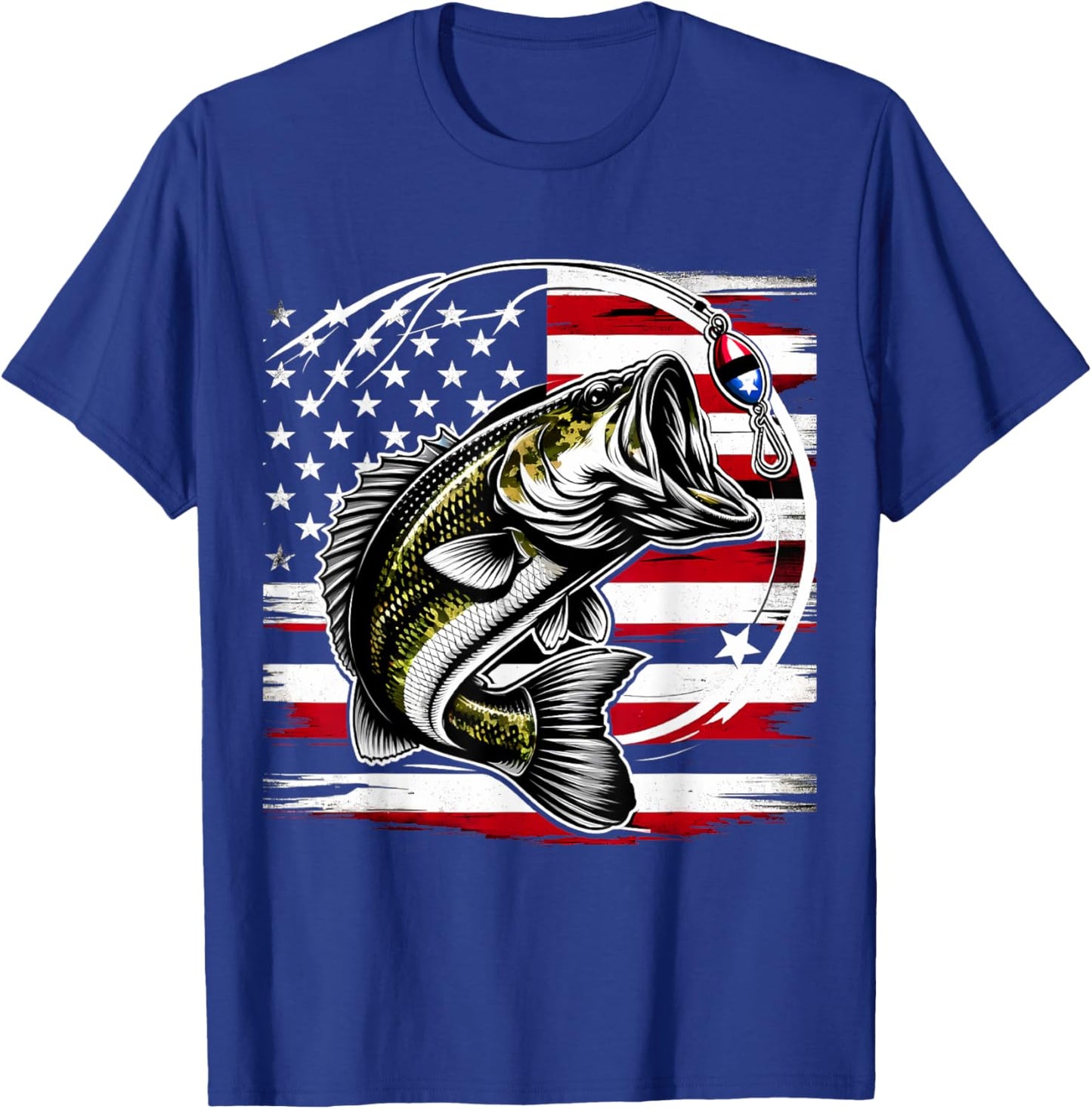 American Flag Fish Fisher Fisherman Funny Bass Fishing USA T-Shirt - T-Shirt | Royal