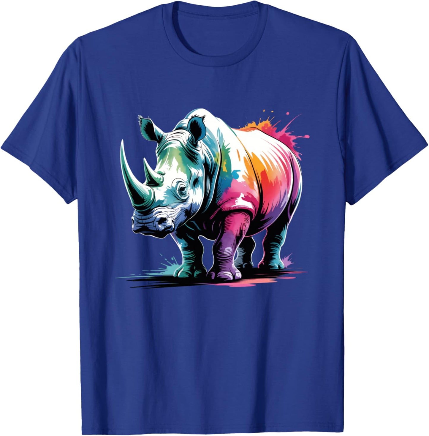 Rhino Poster Style Colorful Paint Splatter Art Graphic T-Shirt - T-Shirt | Royal
