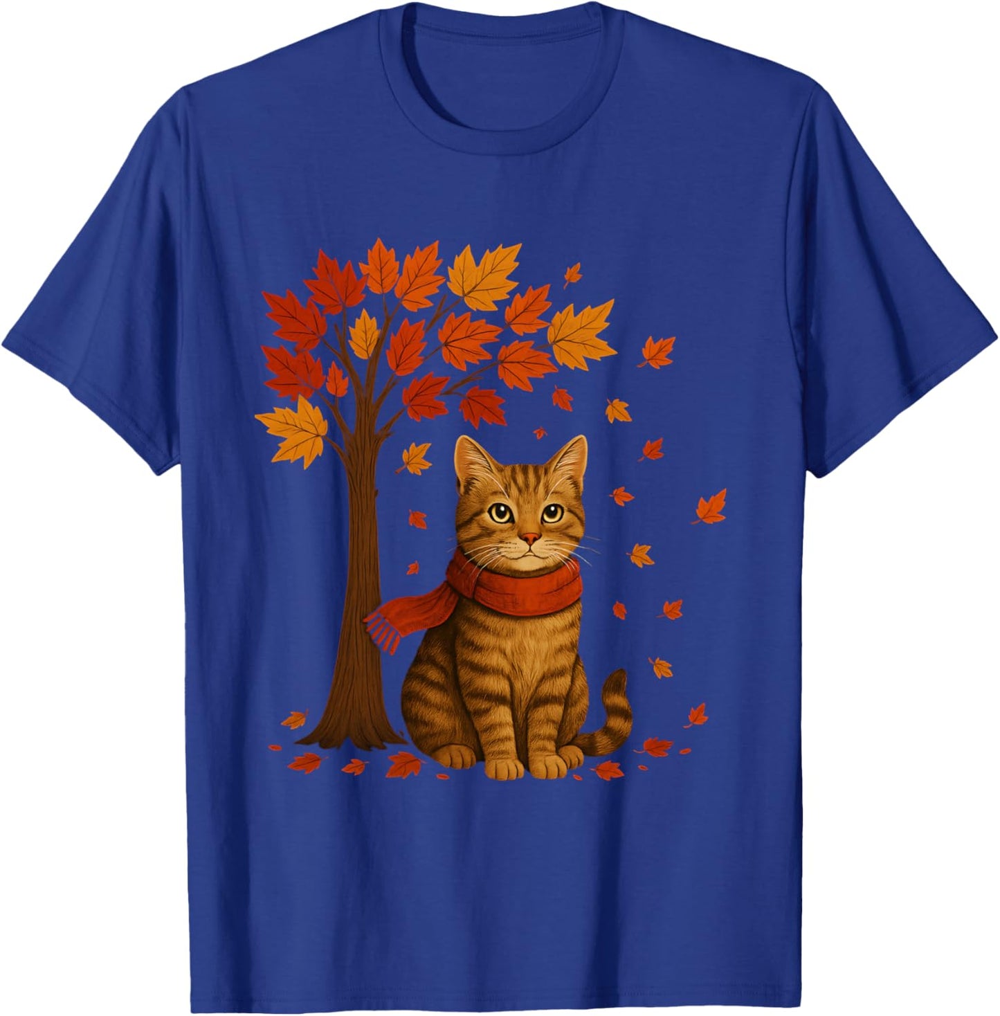 Autumn Cat Illustration with Falling Leaves for Everyone T-Shirt - T-Shirt | Royal