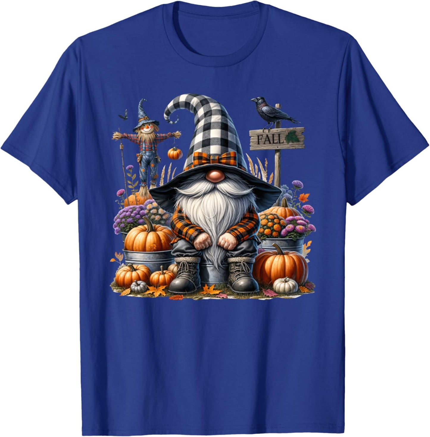 Floral Autumn Gnome With Scarecrow Raven And Fall Pumpkins T-Shirt - T-Shirt | Royal
