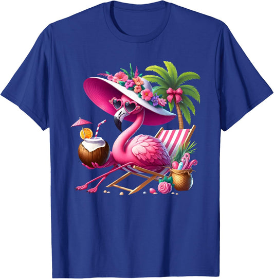 Flamingo Pink Palm Tree Tropical Beach Summer Vacation Women T-Shirt - T-Shirt | Royal