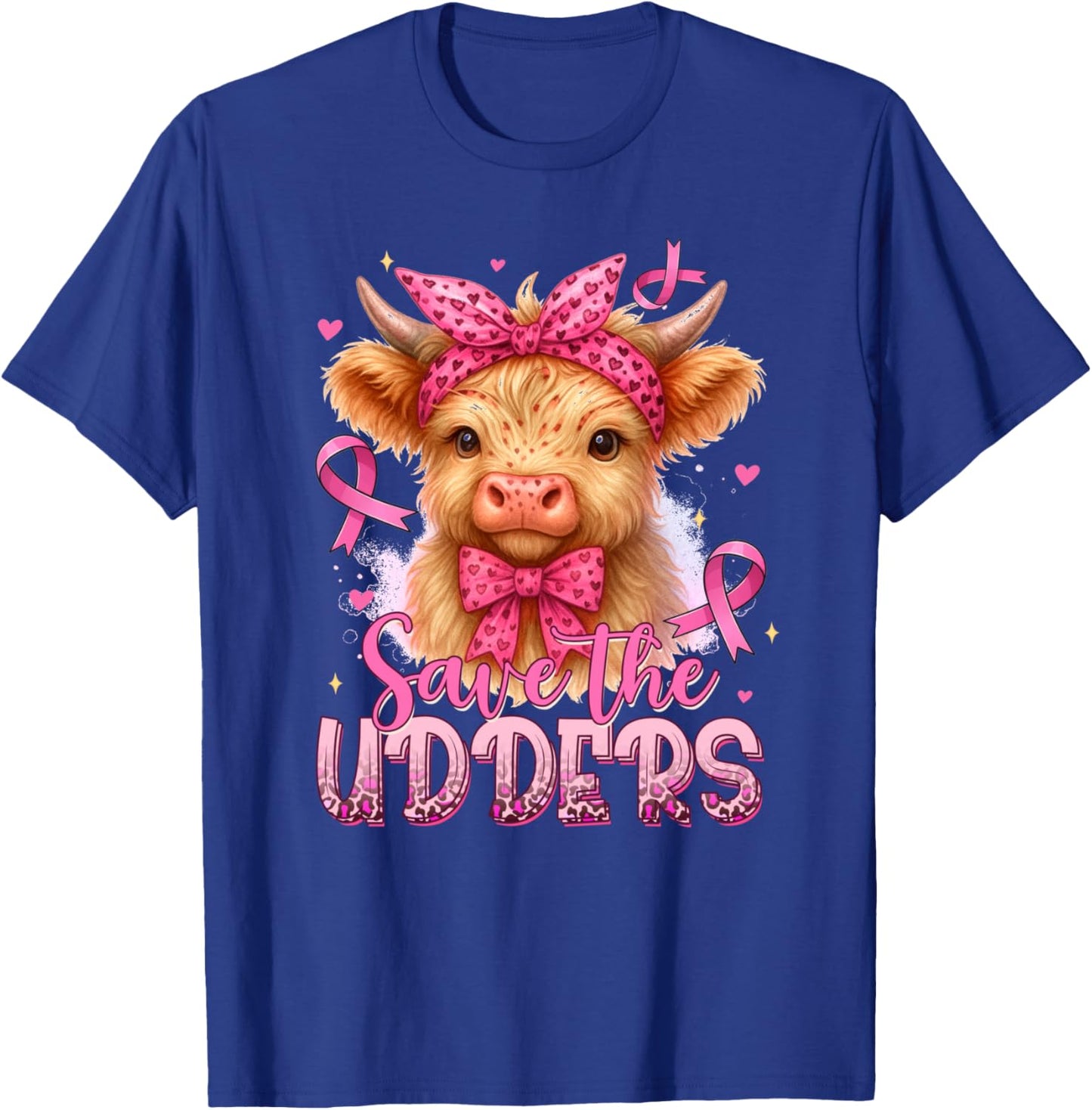 Breast Cancer Awareness Highland Cow Saves The Udders T-Shirt - T-Shirt | Royal