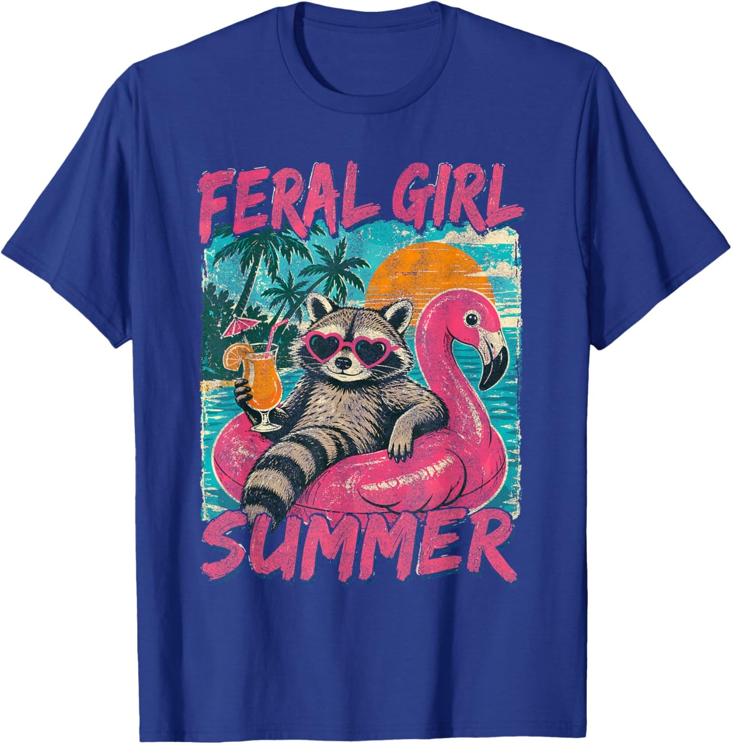 Feral Girl Summer Break Funny Raccoon Flamingo Float Beach T-Shirt - T-Shirt | Royal