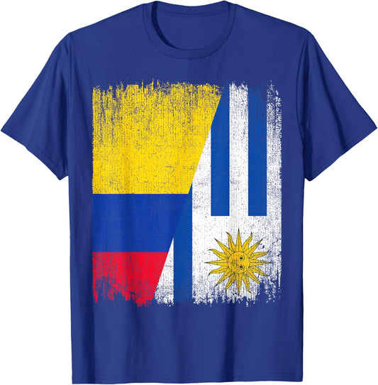 Half Colombia Uruguay Flag Colombian Uruguayan Pride Roots T-Shirt - T-Shirt | Royal