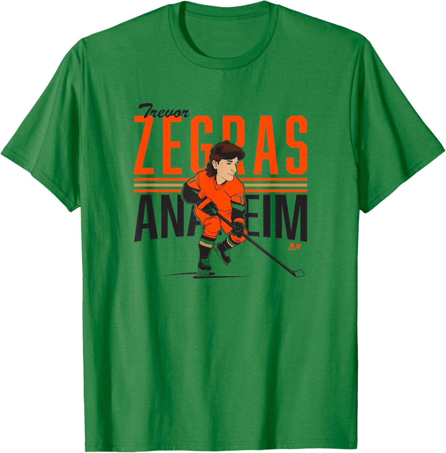 Trevor Zegras: Center Ice Caricature - Anaheim Hockey T-Shirt - T-Shirt | Irish Green