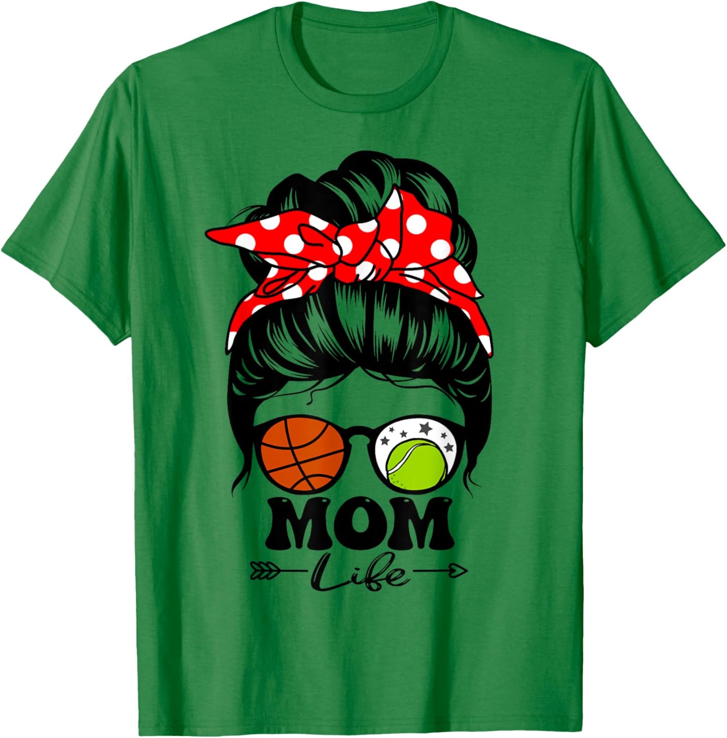 Mom Life Messy Bun Hair Funny Basketball Tennis Player Mom T-Shirt - T-Shirt | Irish Green