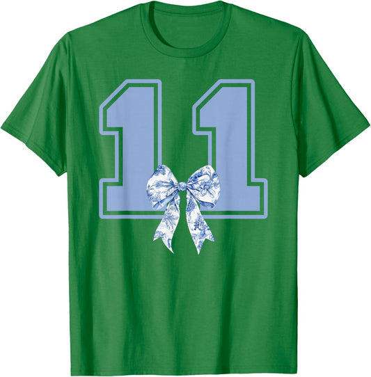 11th Birthday Girl Coquette Toile Blue Bow 11 Year Old Girl T-Shirt - T-Shirt | Irish Green