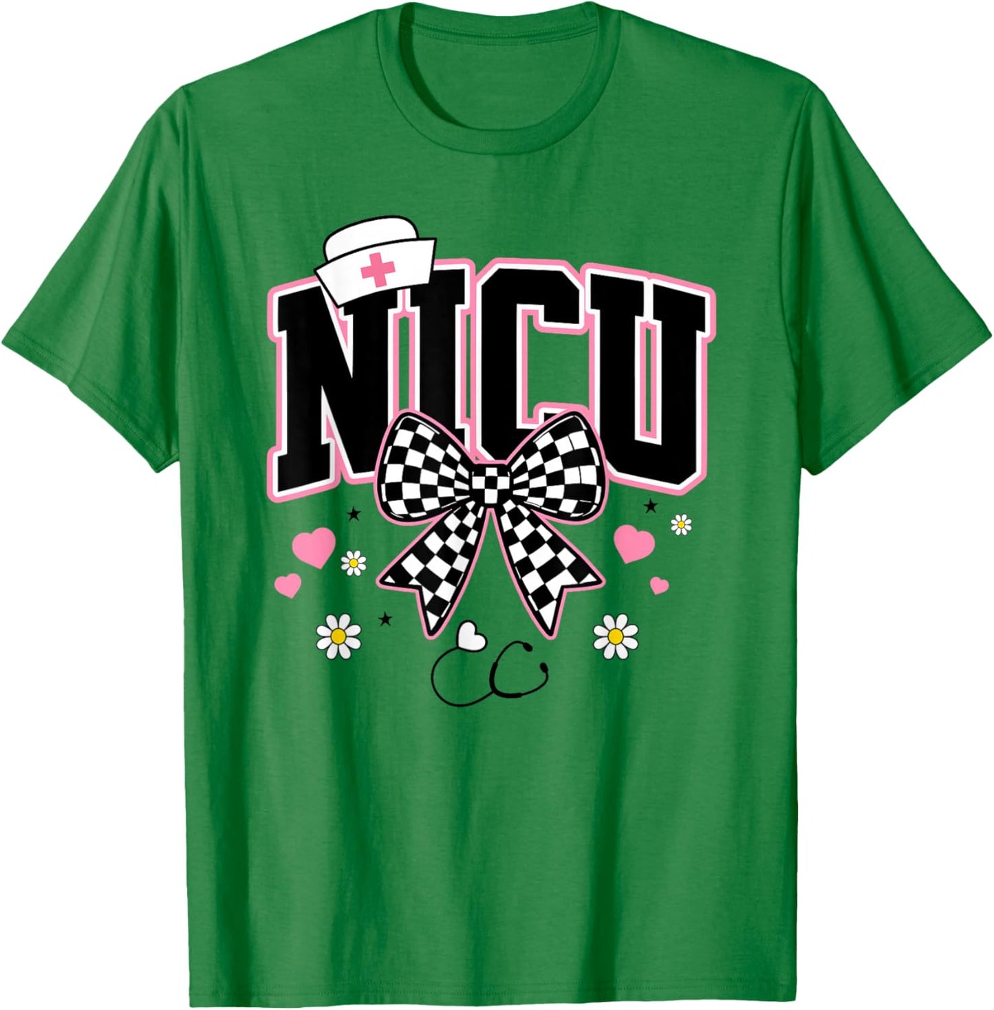 NICU Bow Certified Nursing Checkered Neonatal Care Women T-Shirt - T-Shirt | Irish Green