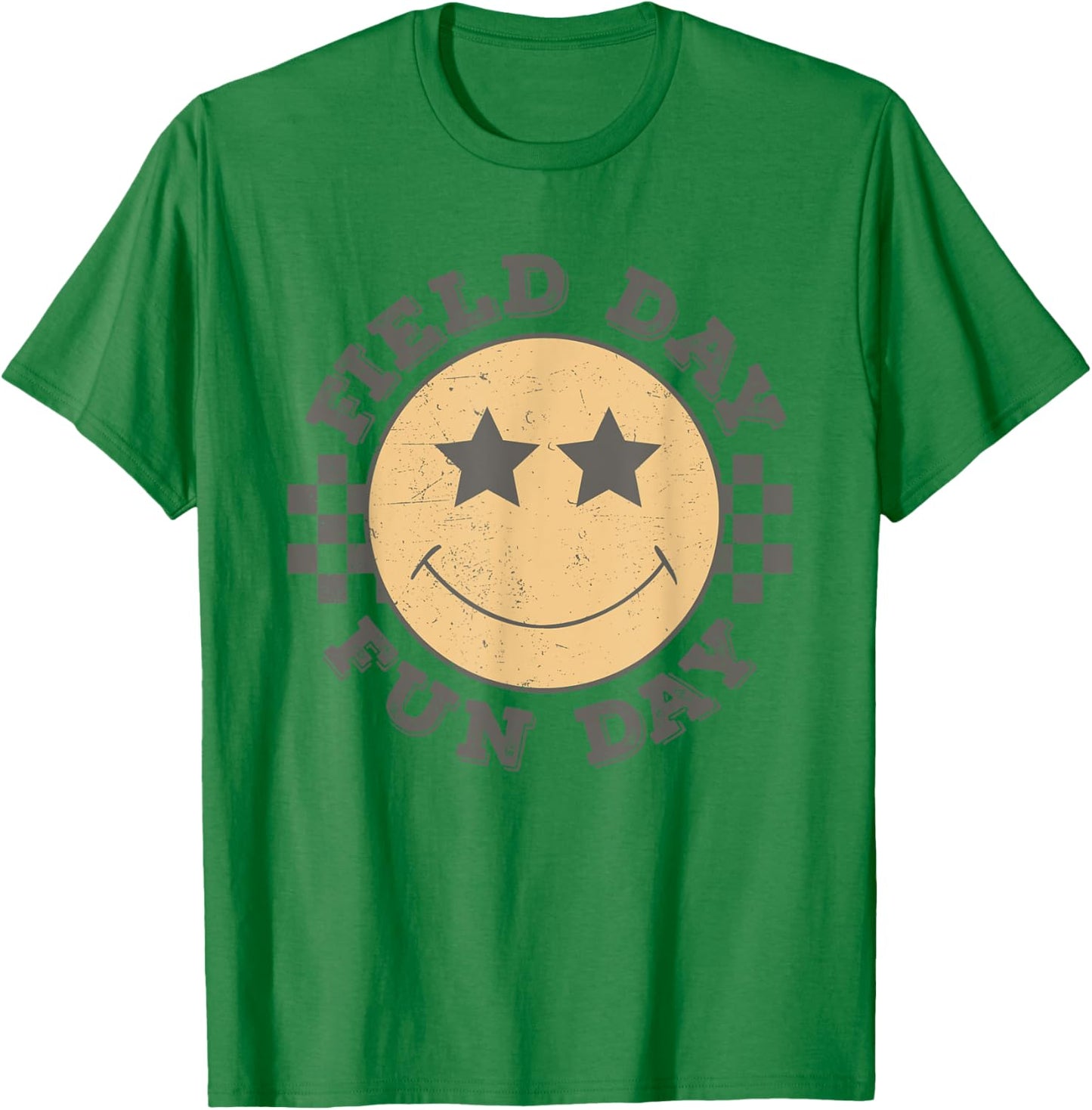 Field Day Fun Day 2025 Groovy Smile Face Checkered Students T-Shirt - T-Shirt | Irish Green