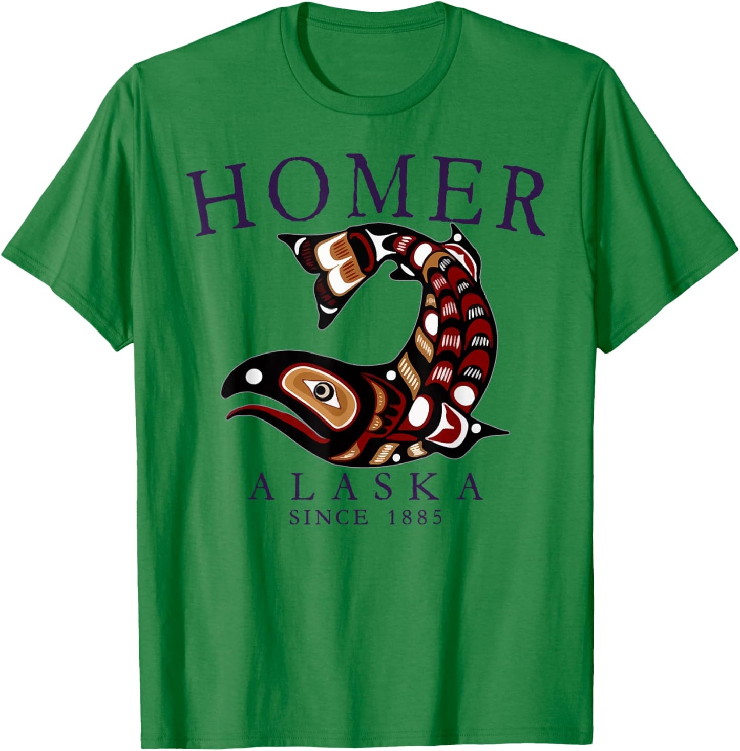 Homer Alaska Tribal Art Salmon Since 1885 Plum Letters T-Shirt - T-Shirt | Irish Green