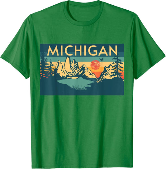 Michigan USA Outdoor Vintage Michigan Blue Small Retro Outdoor Design -Adults Kids Short Sleeve Cotton Blend Machine Wash All Ages Outdoor Enthusiasts Michigan Lovers T-Shirt - T-Shirt | Irish Green