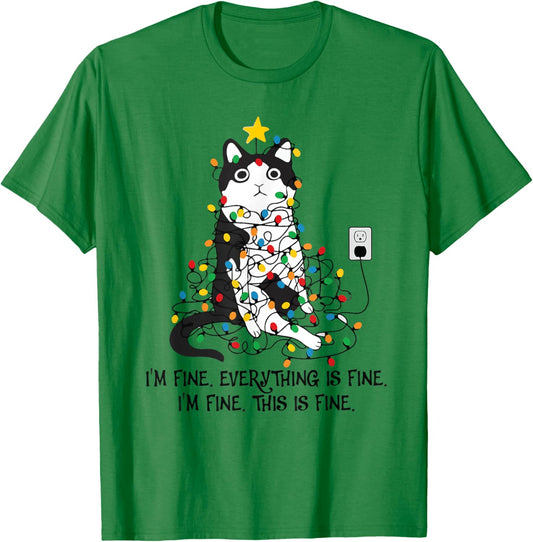 I'm Fine This Is Fine Everything Is Fine Black Cat Christmas T-Shirt - T-Shirt | Irish Green
