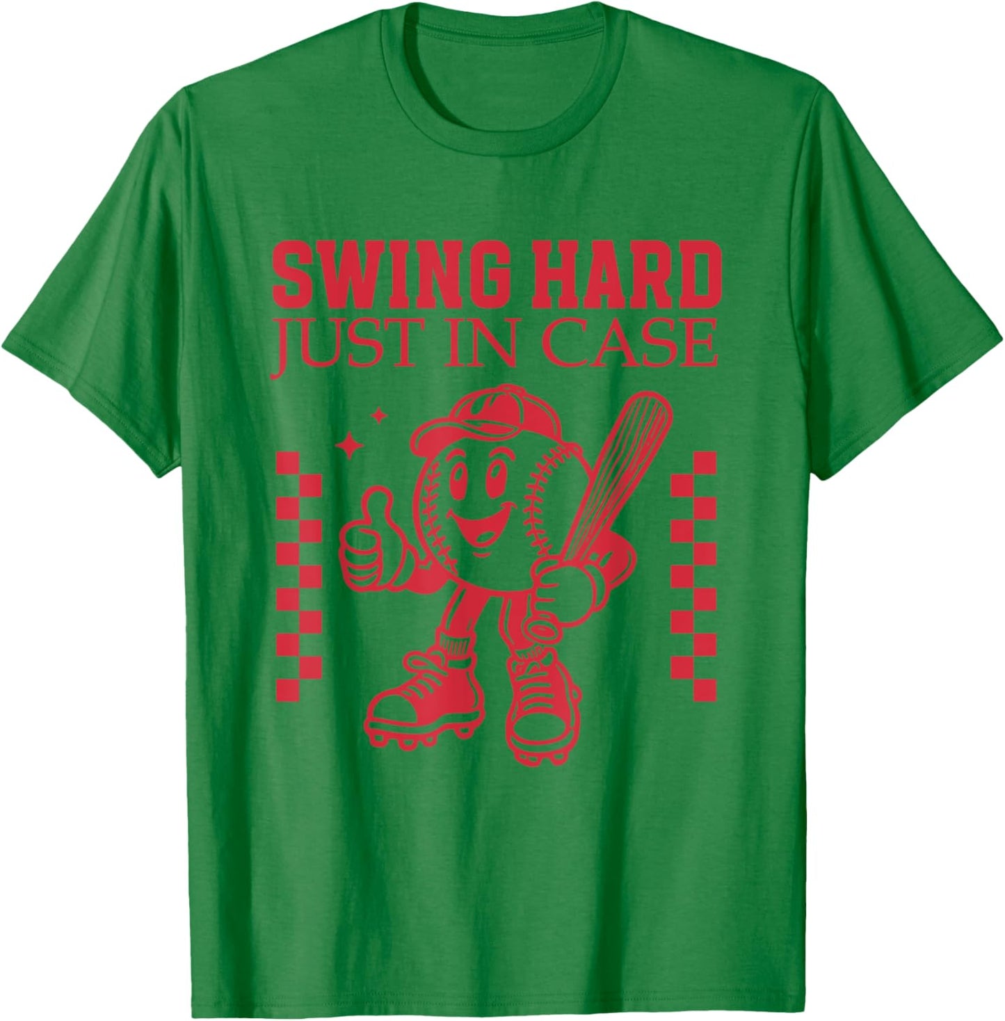 "Swing Hard Just In Case" Baseball Cartoon Bat Funny Sports T-Shirt - T-Shirt | Irish Green