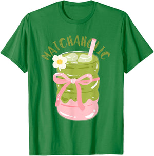 Matchaholic Matcha Tea Matcha Latte Cute Bow Matcha Lover T-Shirt - T-Shirt | Irish Green