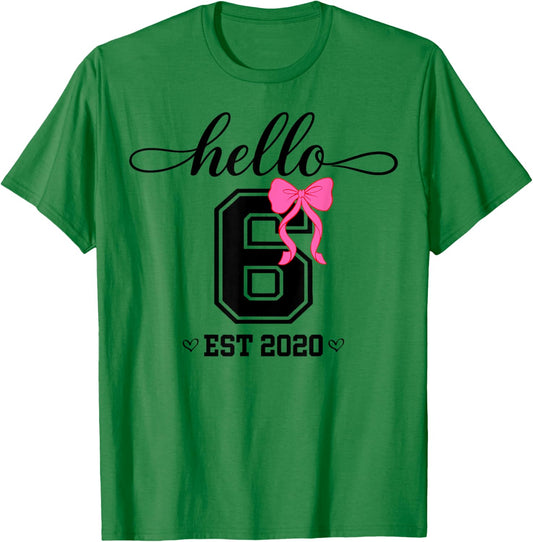 Hello Six Est 2020 Coquette Bow 6th Birthday Girl T-Shirt - T-Shirt | Irish Green