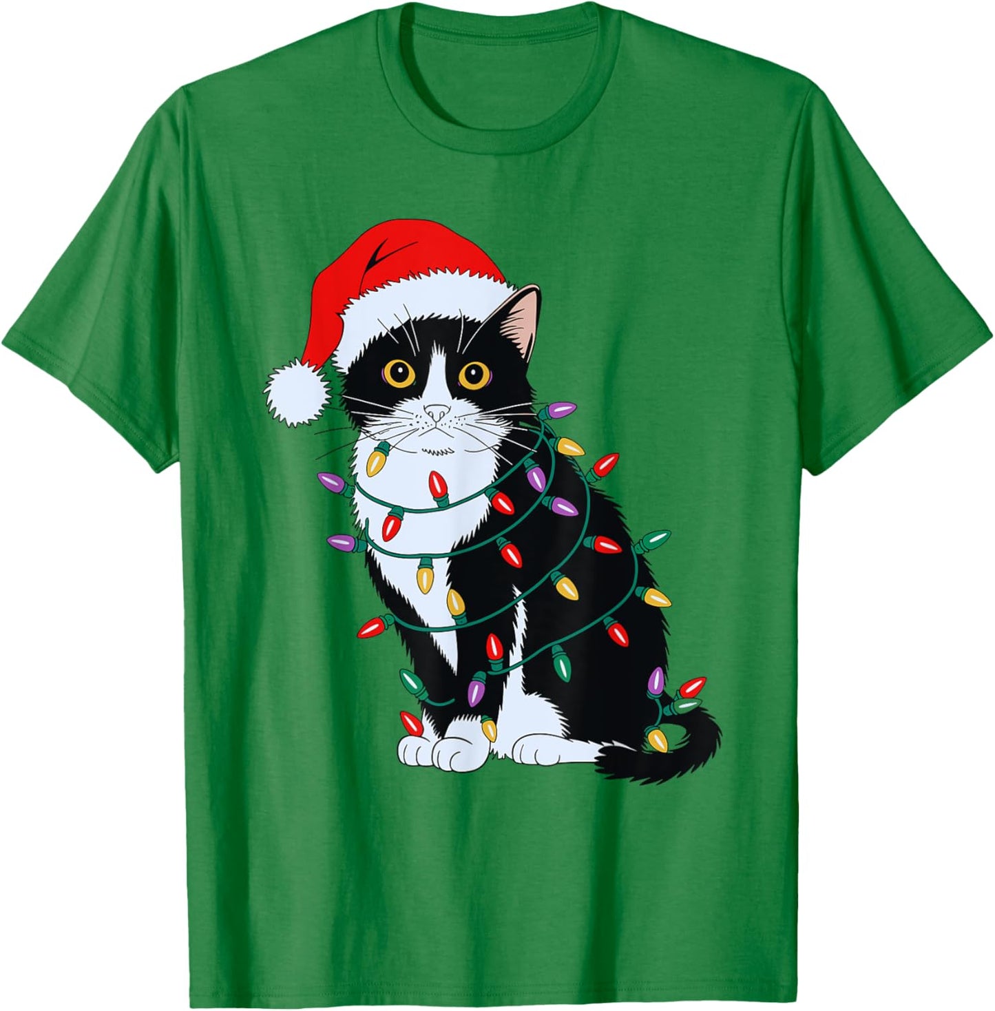 Tuxedo Cat Wearing Santa Hat Christmas Tree Lights Cat Lover T-Shirt - T-Shirt | Irish Green