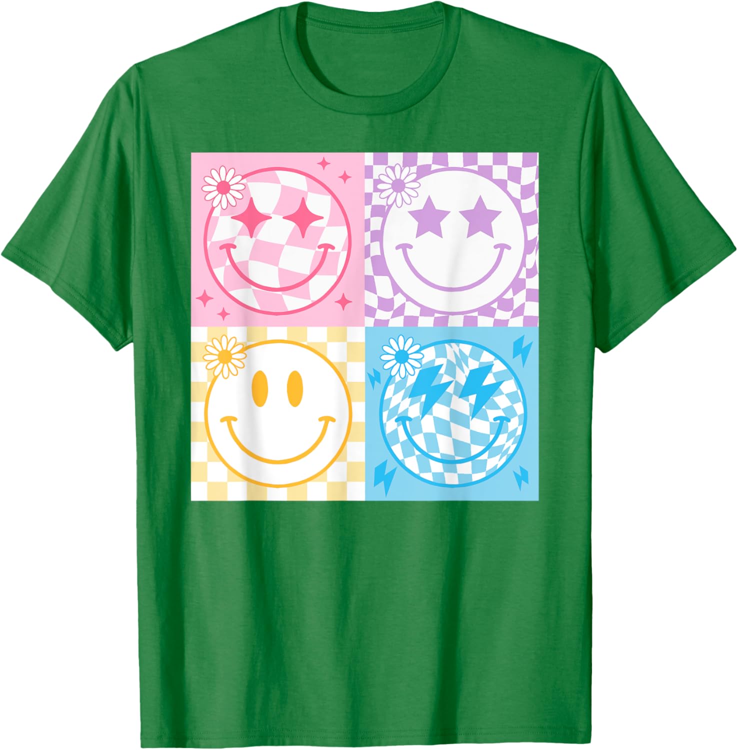 Happy Face Smile Checkered Pattern Retro Vibes Trendy Funny T-Shirt - T-Shirt | Irish Green