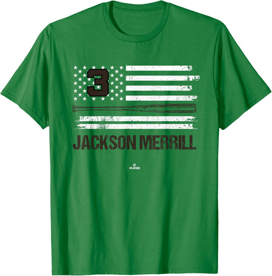 USA Flag Bat Jackson Merrill San Diego Baseball MLBPA T-Shirt - T-Shirt | Irish Green