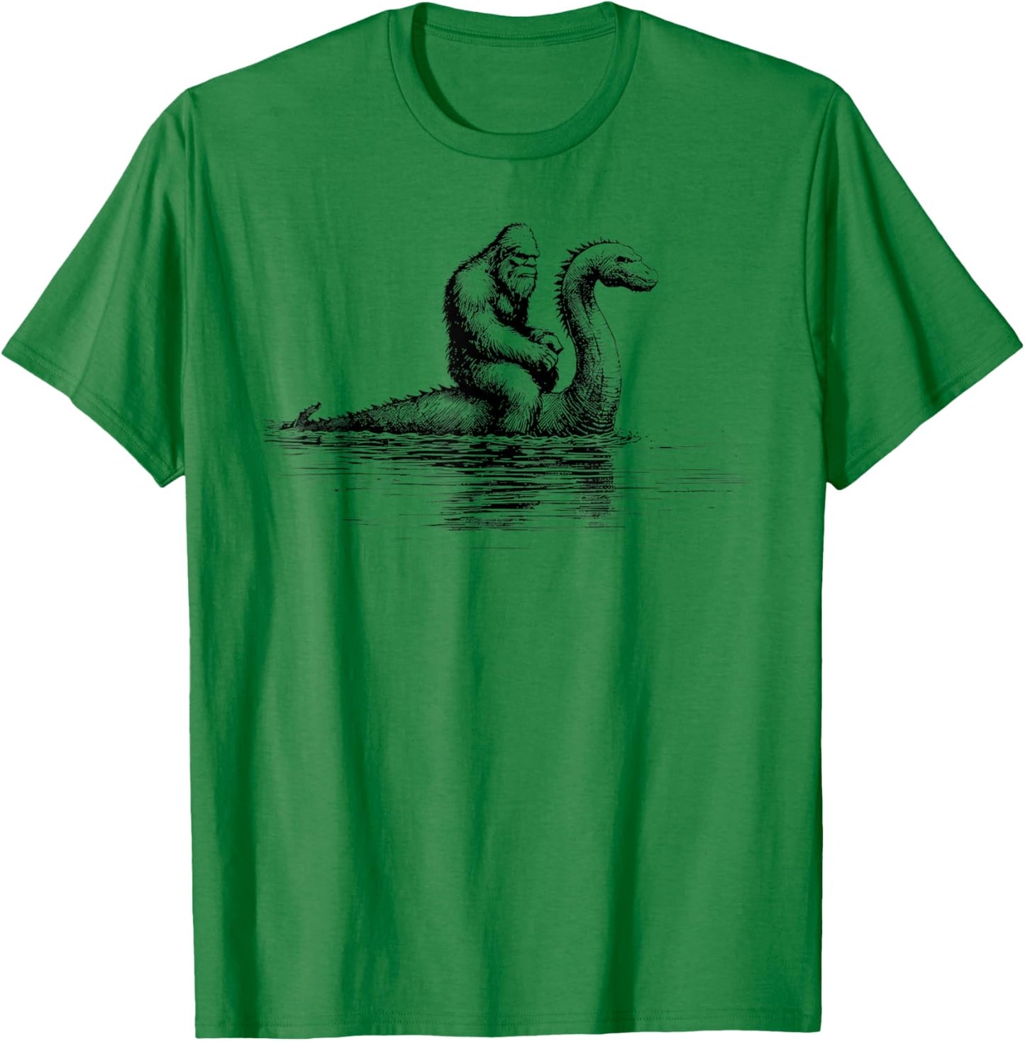 Funny Bigfoot Sasquatch Riding Loch Ness Monster Cryptid T-Shirt - T-Shirt | Irish Green