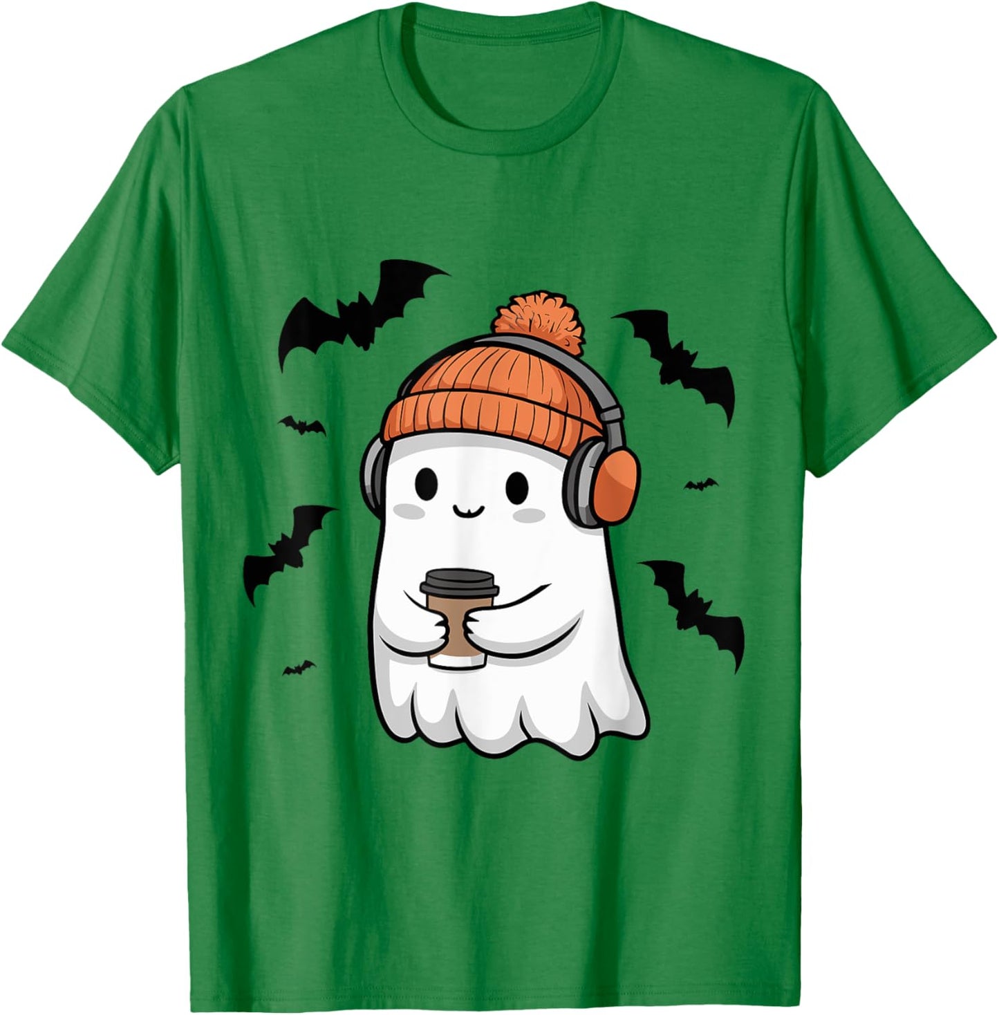 Cute Ghost Headphone Music Coffee Spooky Halloween T-Shirt - T-Shirt | Irish Green