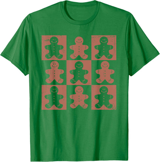 Vintage Christmas Gifts Women Men Gingerbread Retro Checkered Gingerbread Man Distressed Christmas Pajamas T-Shirt - T-Shirt | Irish Green