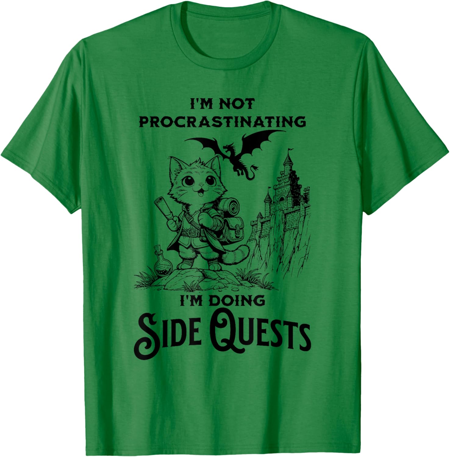 I'm Not Procrastinating I'm Doing Side Quests RPG Gamer Cat Men Women Kids T-Shirt - T-Shirt | Irish Green