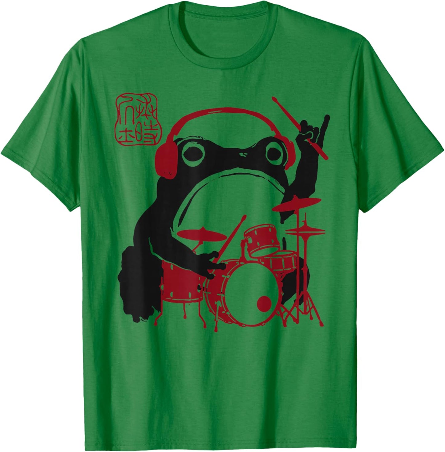 Grumpy Frog Funny Drums Rock Music Anime Japanese T-Shirt - T-Shirt | Irish Green