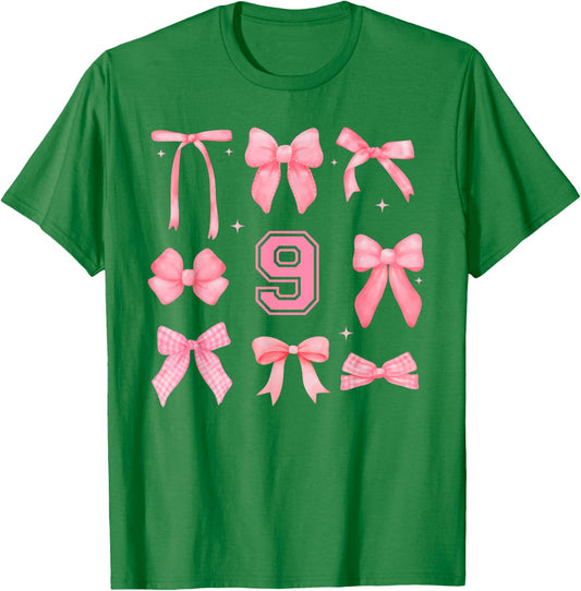 Hello Nine Coquette Preppy Pink Bow 9th Ninth Birthday Girl T-Shirt - T-Shirt | Irish Green