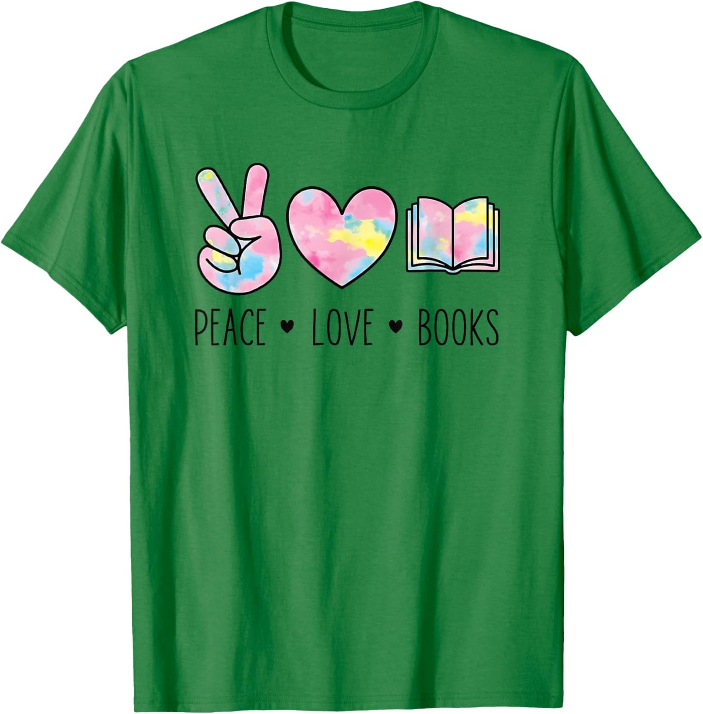 Peace Love Books Pastel Reading Heart Art for Book Lovers T-Shirt - T-Shirt | Irish Green