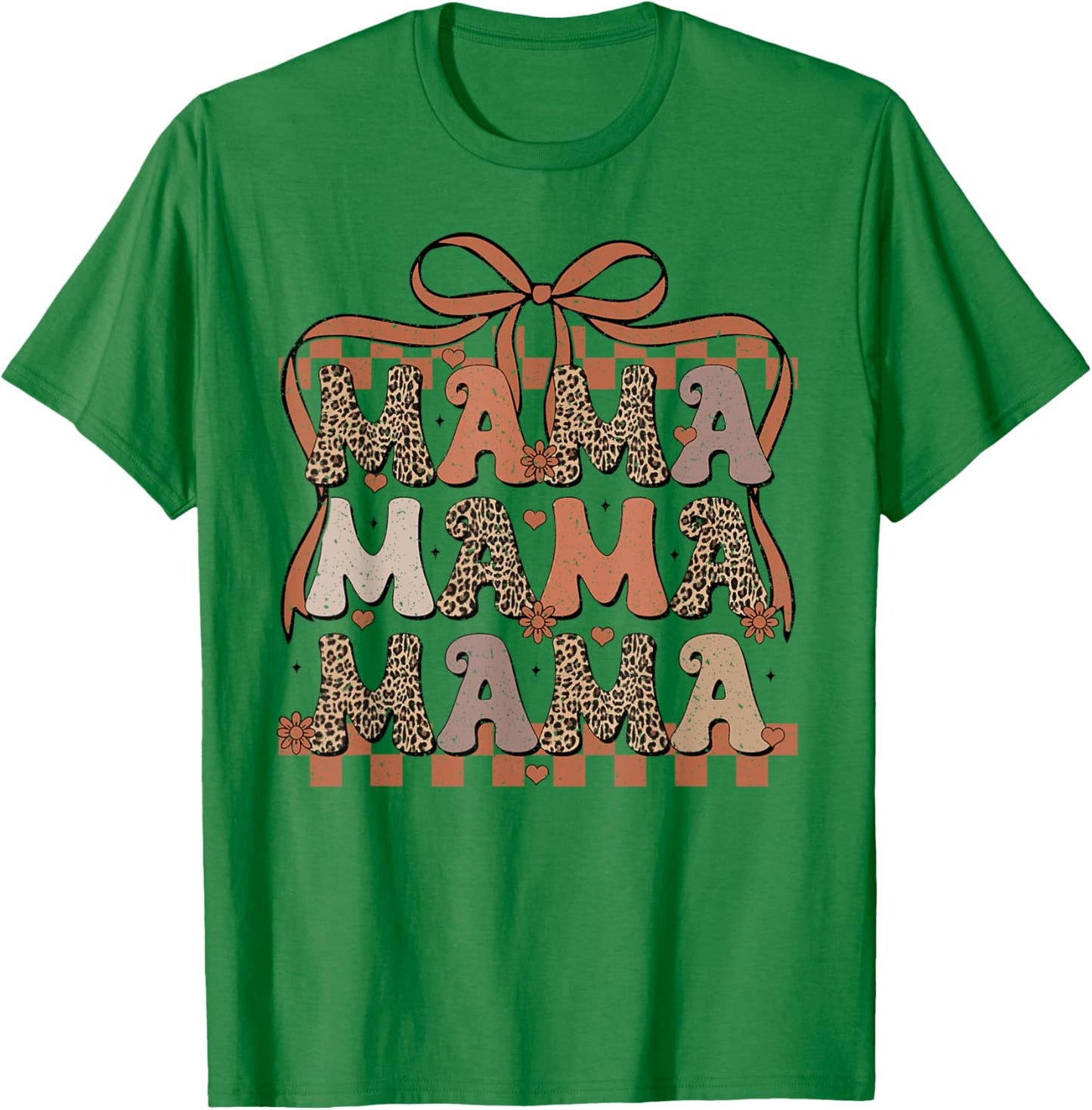 Retro Mama Coquette Bows Checkered Leopard Mom Mother's Day T-Shirt - T-Shirt | Irish Green