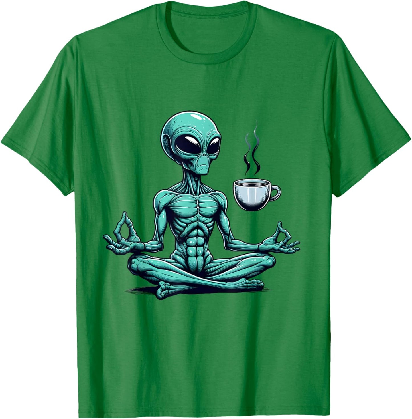 Alien Yoga With Coffee Mug UFO Lover Funny Meditate Poses T-Shirt - T-Shirt | Irish Green