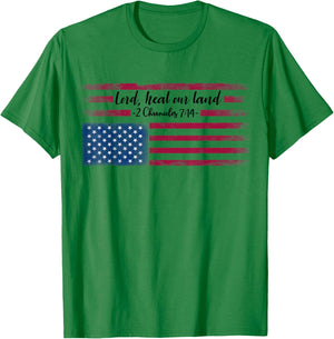 Distressed Upside Down American Flag Lord Heal our Land Women Men T-Shirt - T-Shirt | Irish Green