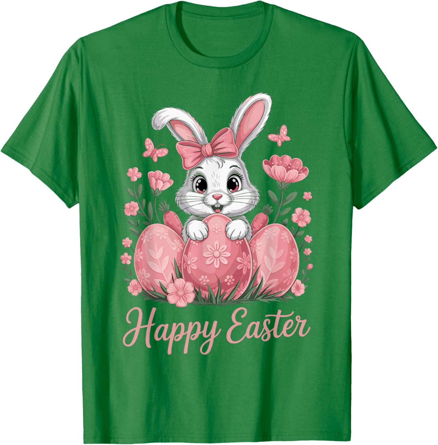Cute Pink Bunny Eggs Flowers Happy Easter T-Shirt - T-Shirt | Irish Green