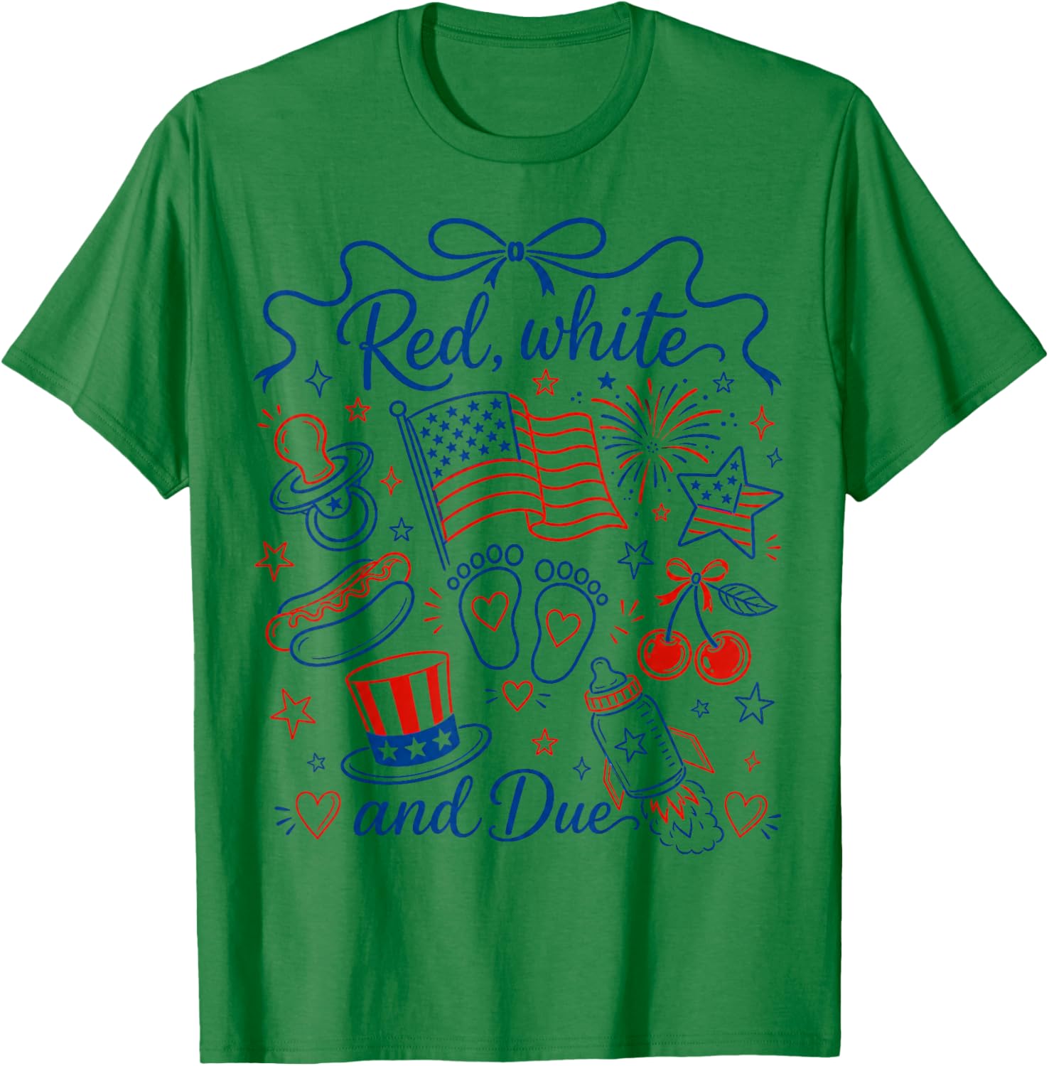 Red White and Due 4th of July Pregnancy Reveal Coquette Bow T-Shirt - T-Shirt | Irish Green