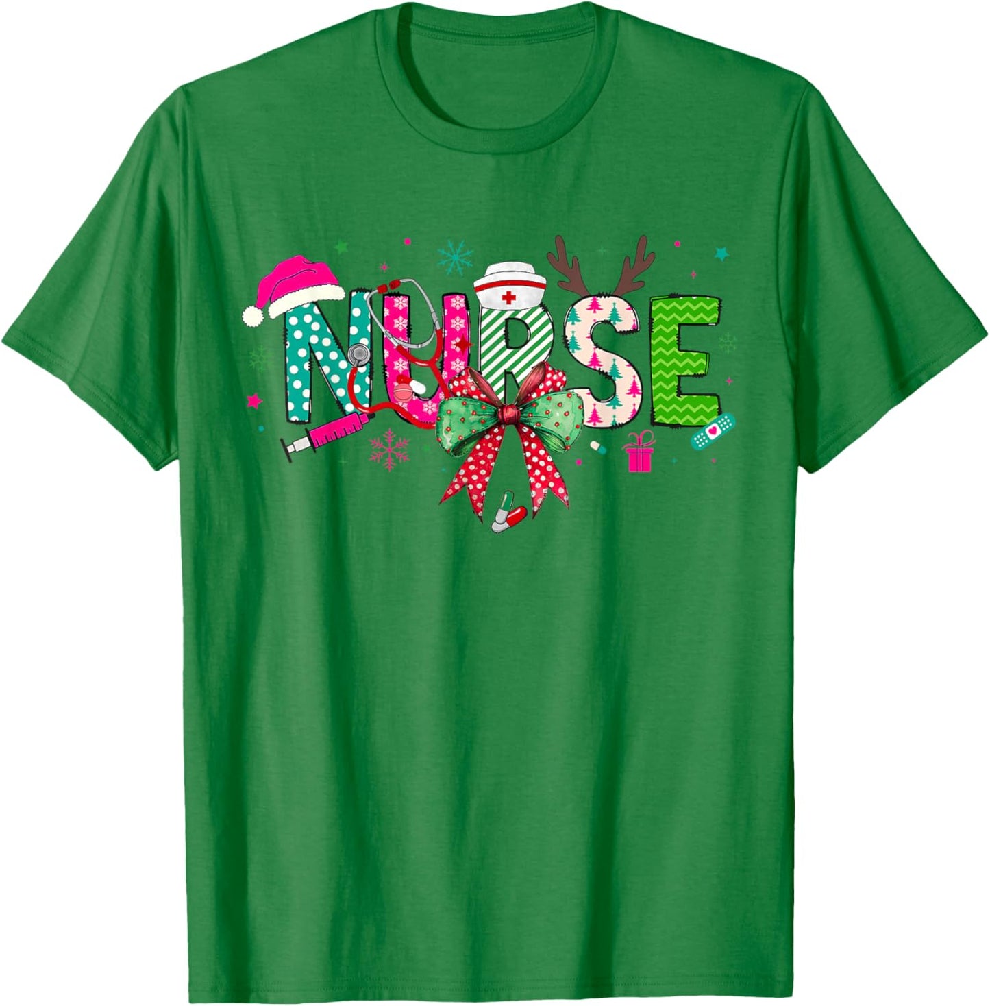 Christmas Nurse Stethoscope Xmas Coquette Bow Nursing School T-Shirt - T-Shirt | Irish Green