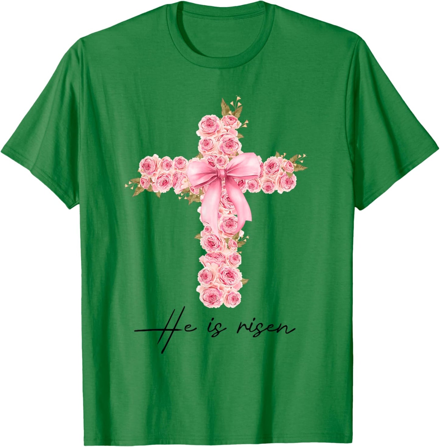 He Is Risen Coquette Bow Floral Cross Faith Easter Christian T-Shirt - T-Shirt | Irish Green