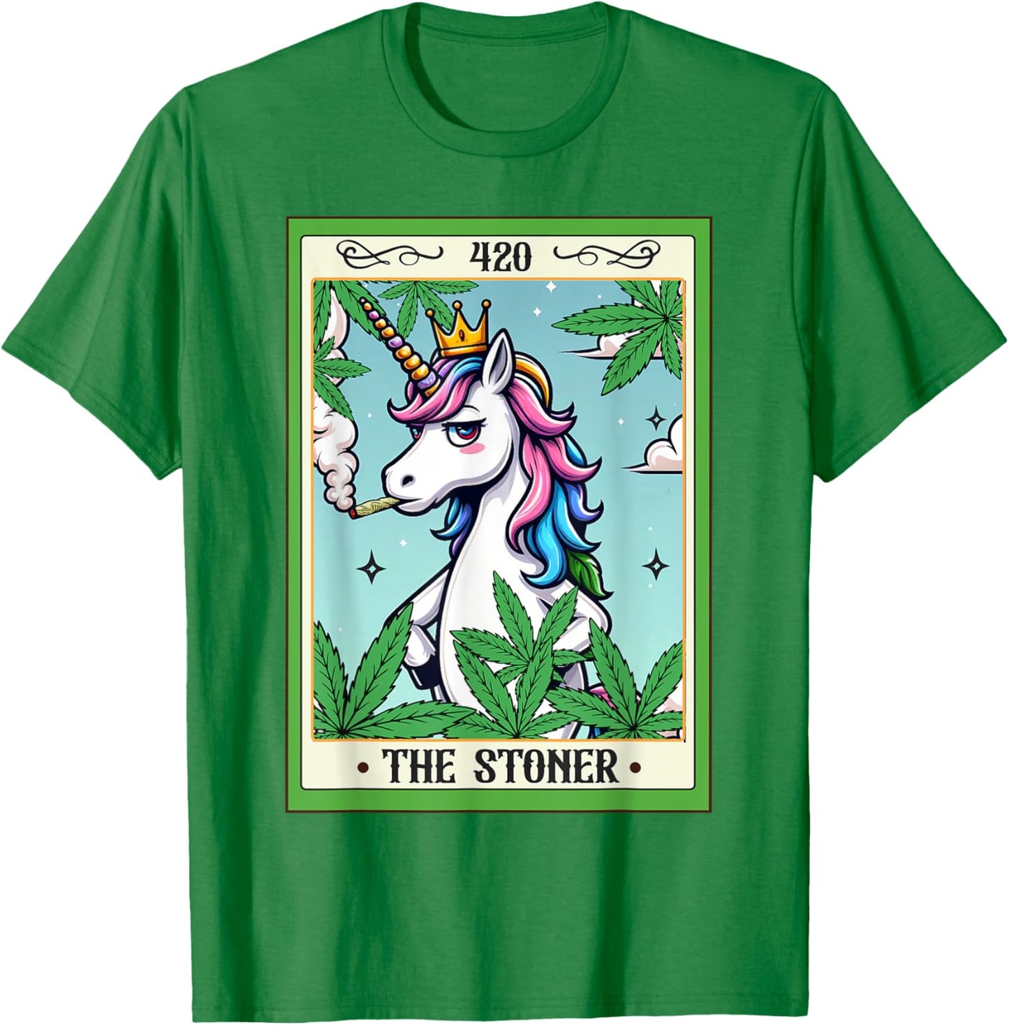 Cannabis Weed Unicorn Smoking 420 The Stoner Tarot Card T-Shirt - T-Shirt | Irish Green