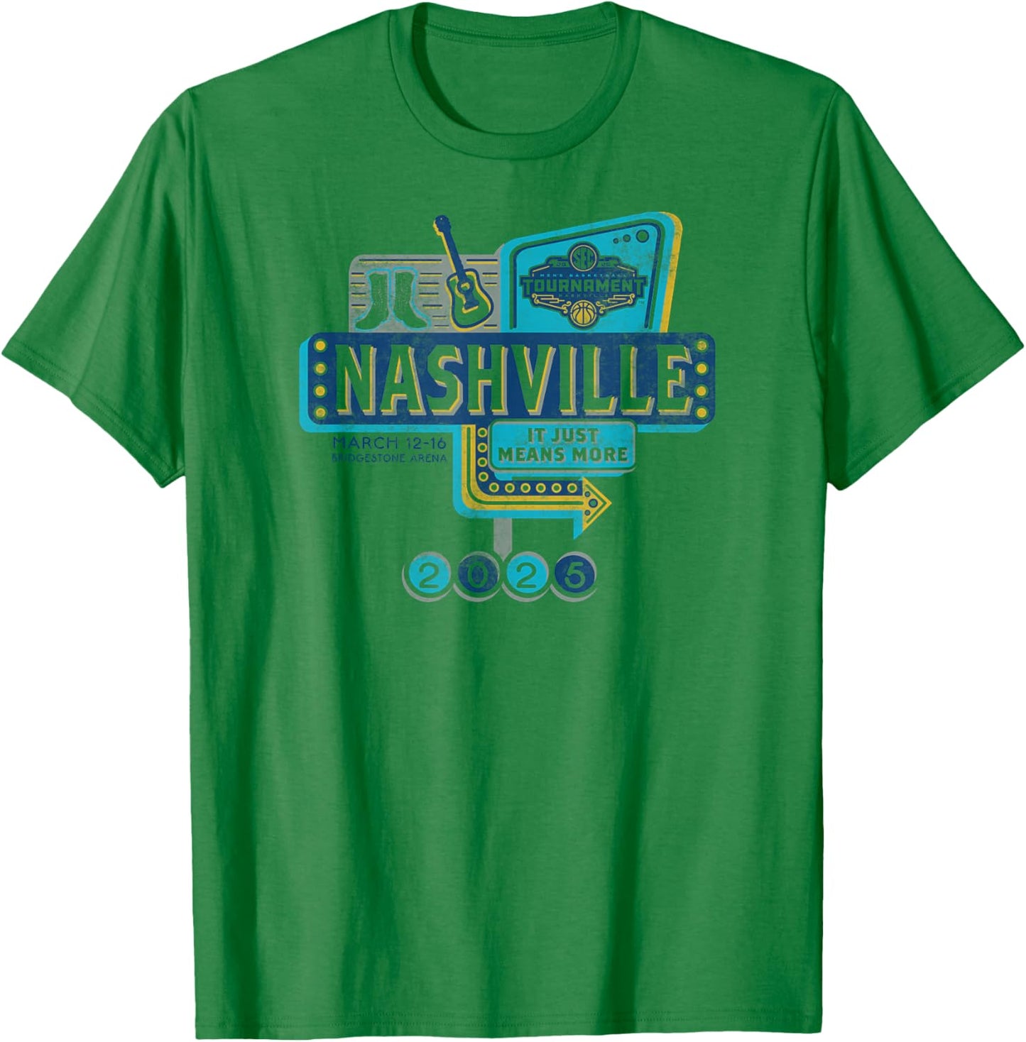 SEC Men's Basketball Tournament 2025 Vintage Nashville White T-Shirt - T-Shirt | Irish Green