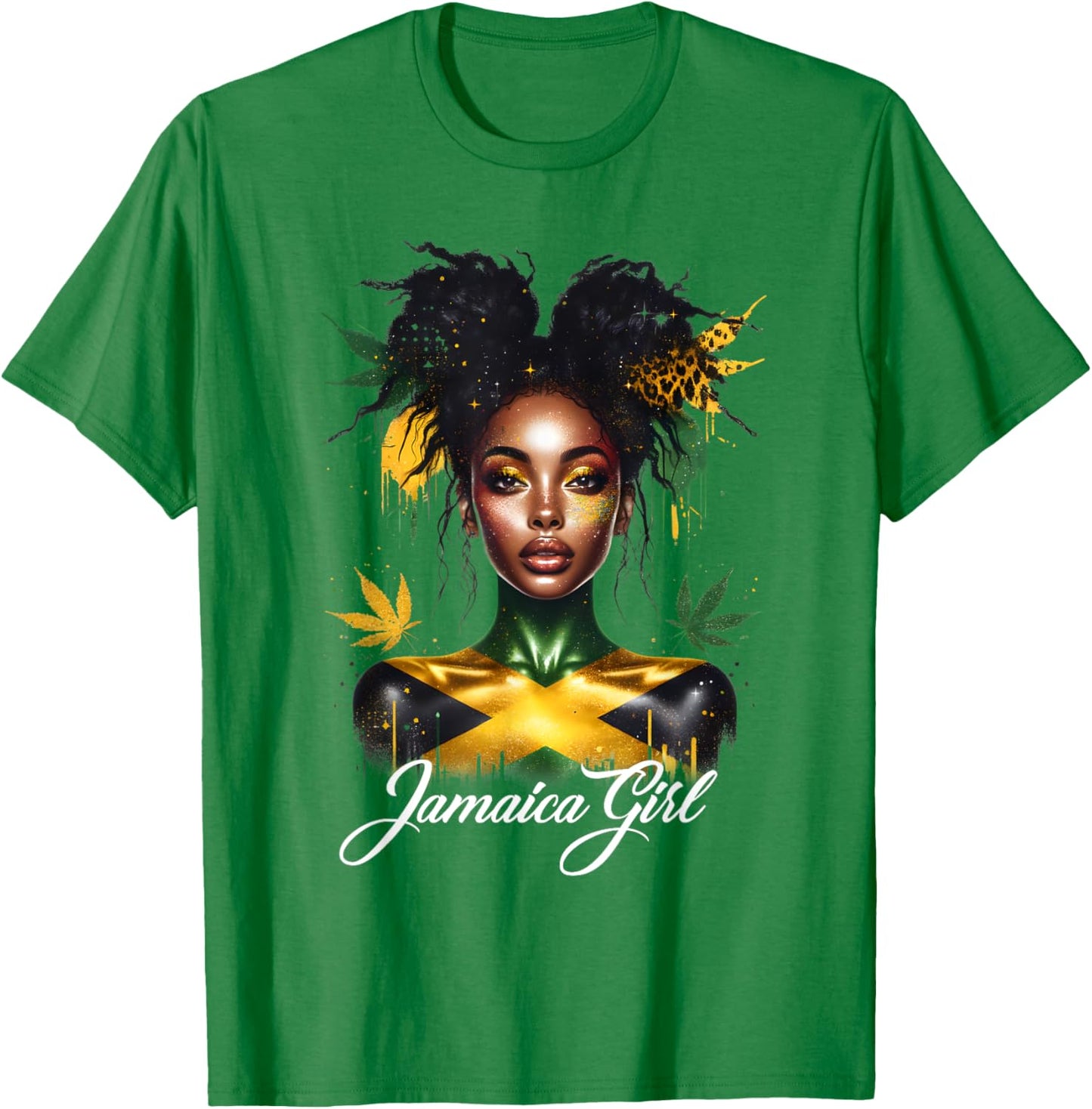 Woman Afro Jamaican Girl Jamaica Flag Pride Black Messy Bun T-Shirt - T-Shirt | Irish Green