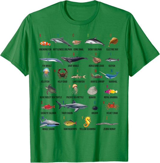 A-Z Ocean Life Alphabet Marine Creatures Exploration T-Shirt - T-Shirt | Irish Green