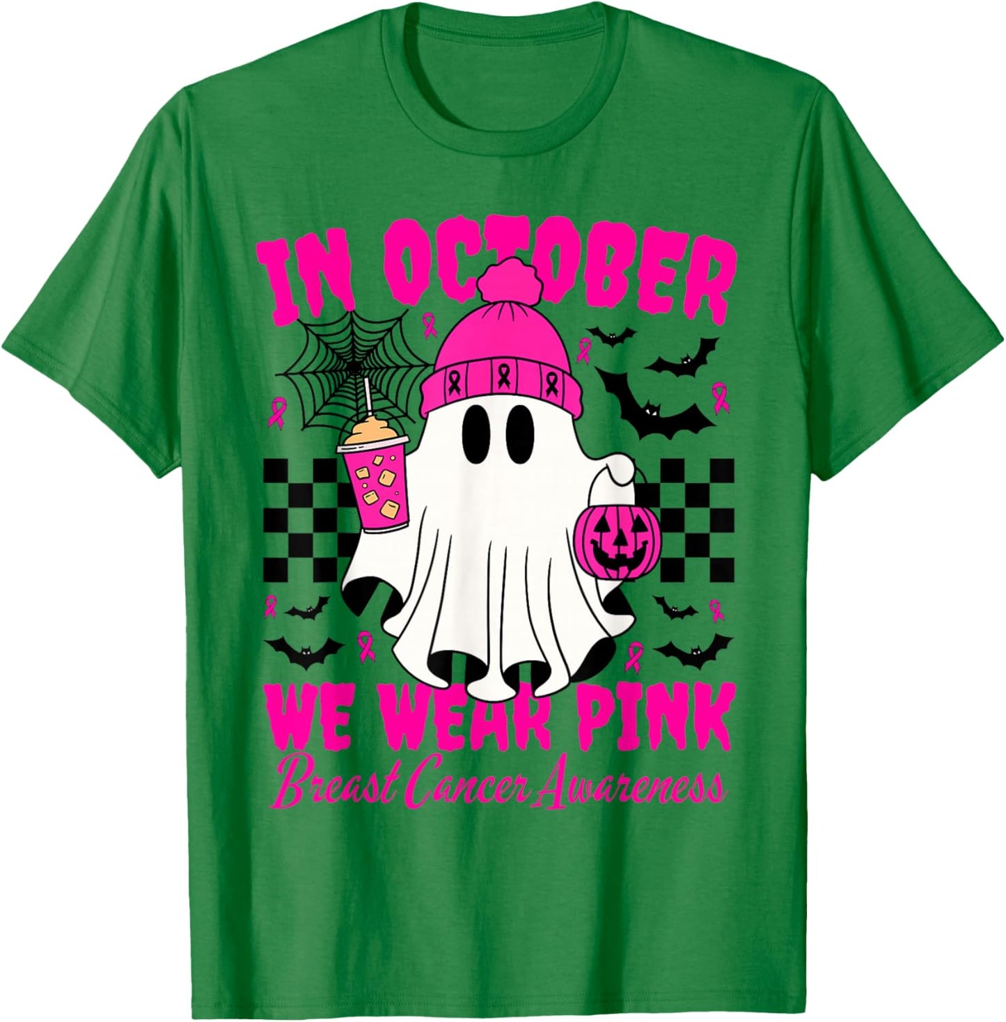 We Wear Pink in October Cute Ghost Breast Cancer Awareness T-Shirt - T-Shirt | Irish Green