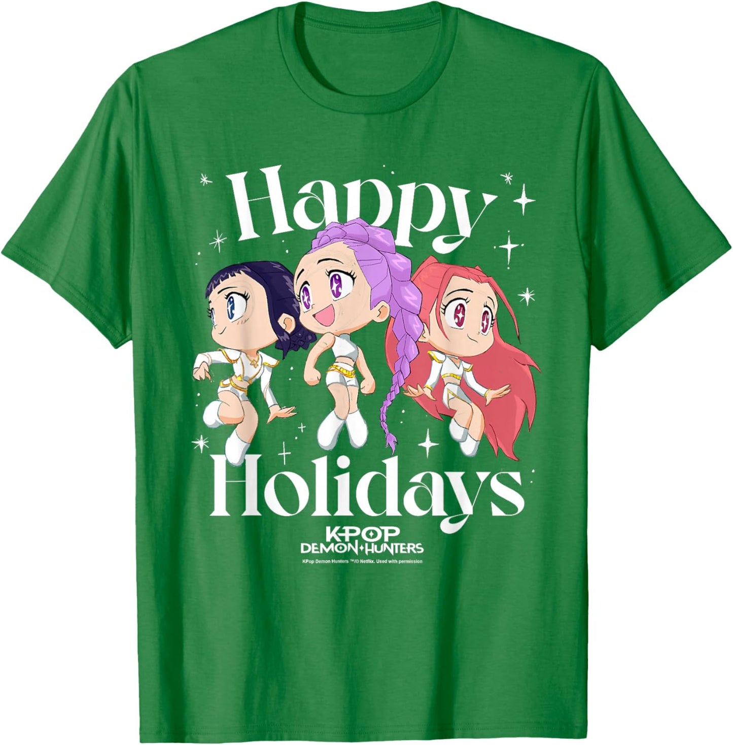 KPop Demon Hunters Huntrix Group Happy Holidays T-Shirt - T-Shirt | Irish Green