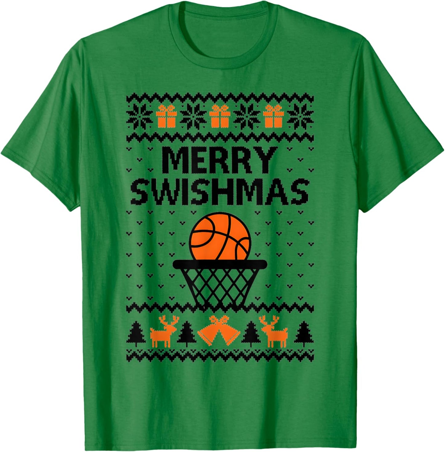 Merry Swishmas X-Mas Basketball Ugly Christmas Sweater Style T-Shirt - T-Shirt | Irish Green